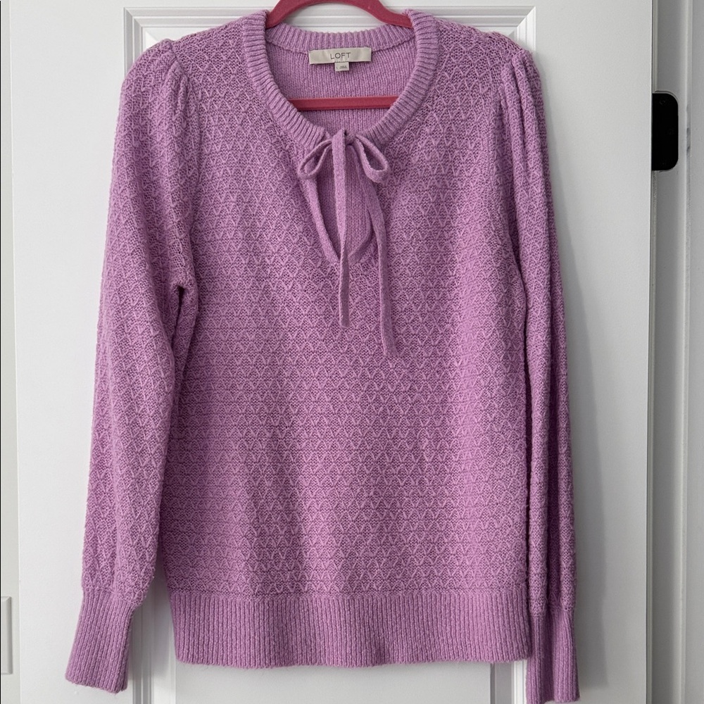 LOFT Lilac Tie-Neck Textured Knit Sweater